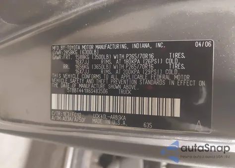 2006 Toyota Tundra Sr5 V8 из США, поврежденный, VIN 5TBBT441X6S483506